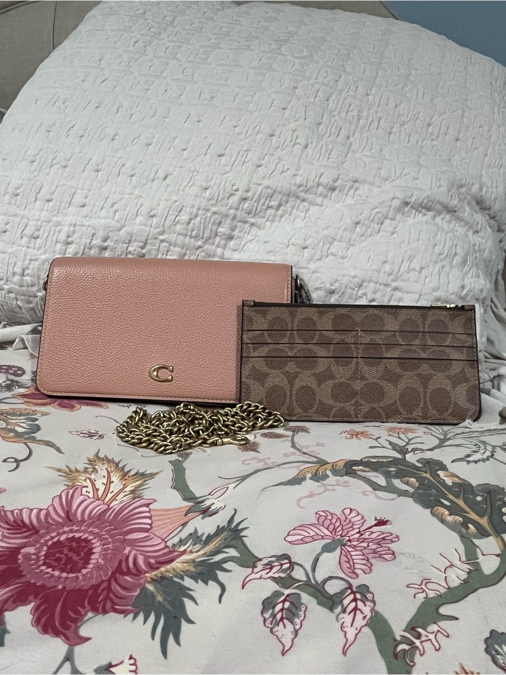Coach Peach Mila Leather Crossbody Wallet with Signature Canvas Insert